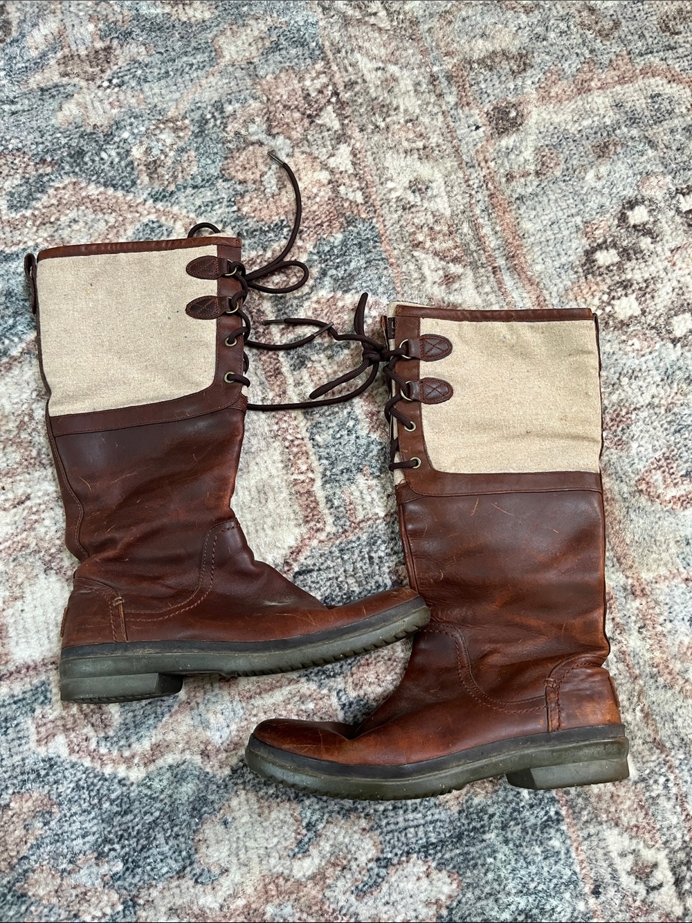 UGG Elsa Tall Brown Sherling and  Leather and Cream Canvas Lace-Up Knee Boots